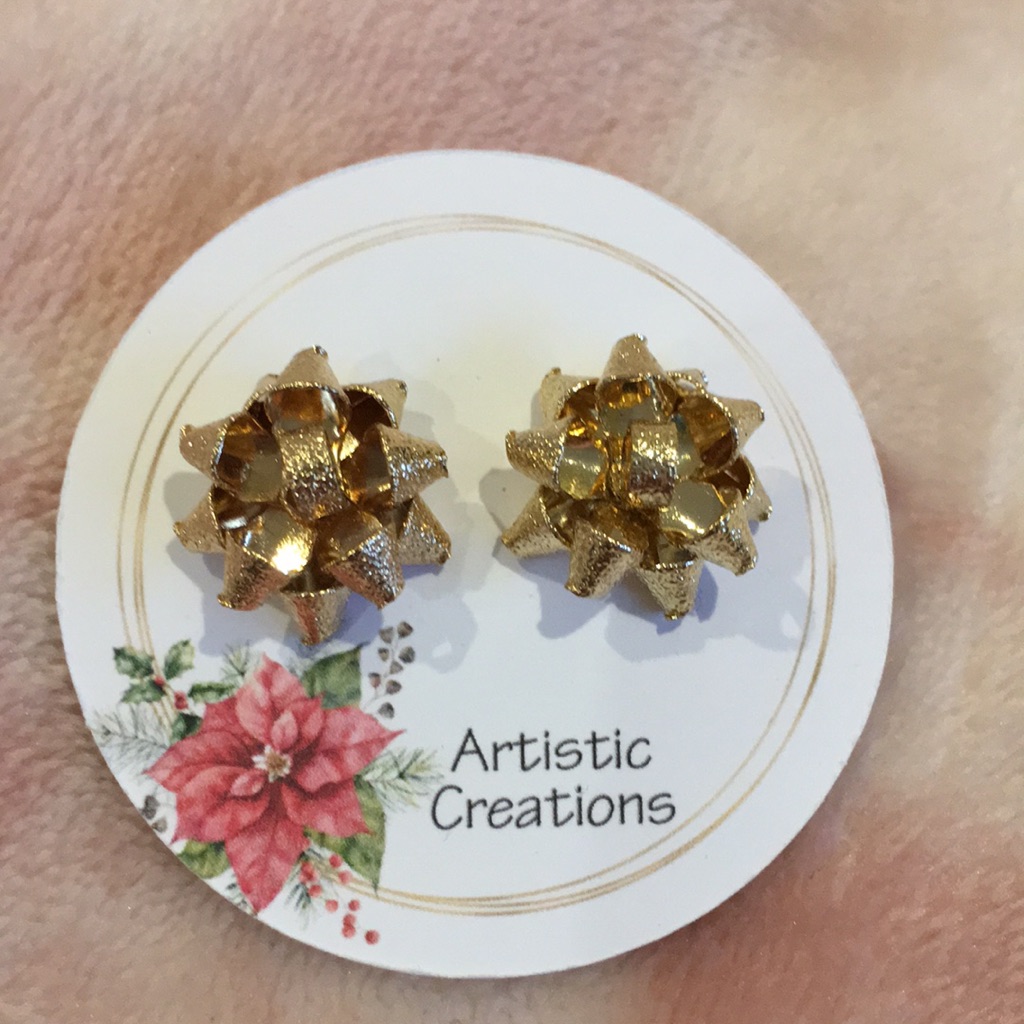 Gold Textured Christmas Holiday Bow Pierced Earrings Surgical Steel Nwt .50”